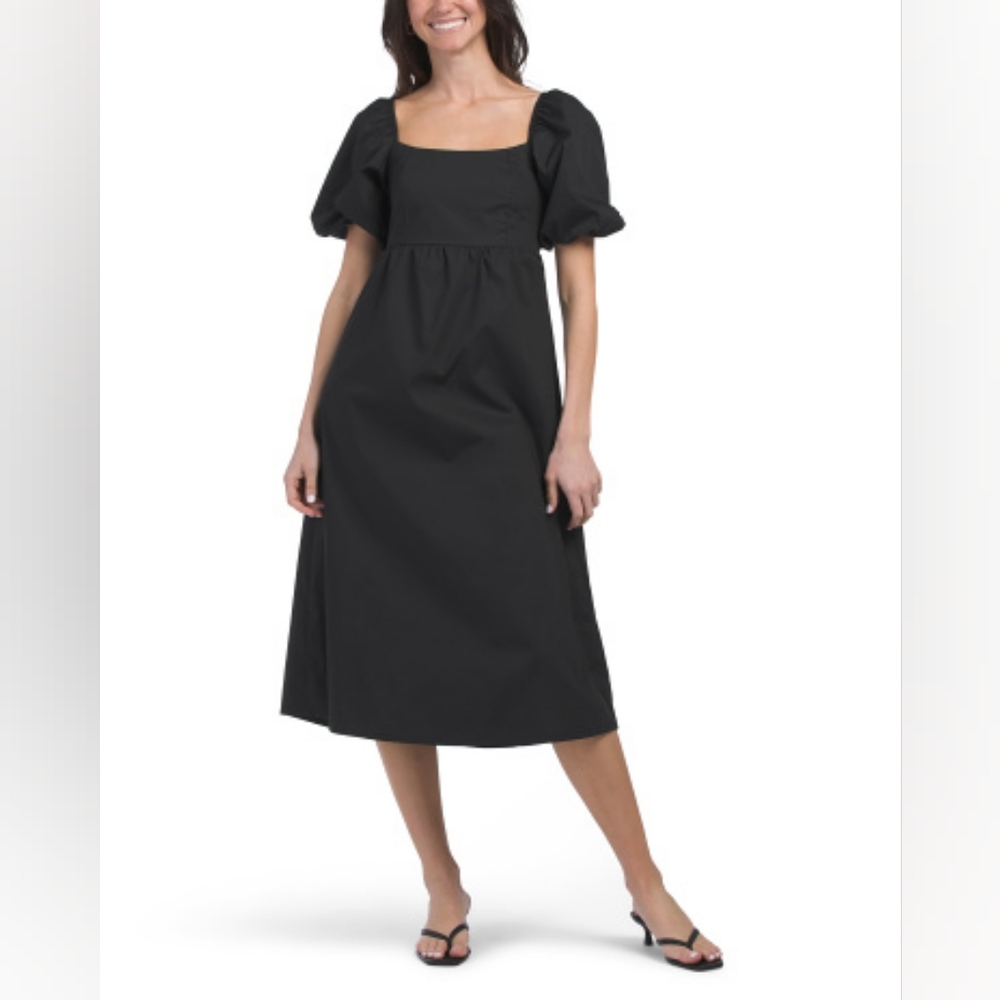 NWT - Italy Cotton Puff Sleeve Smocked Back Poplin Texture Midi Dress - Size L
